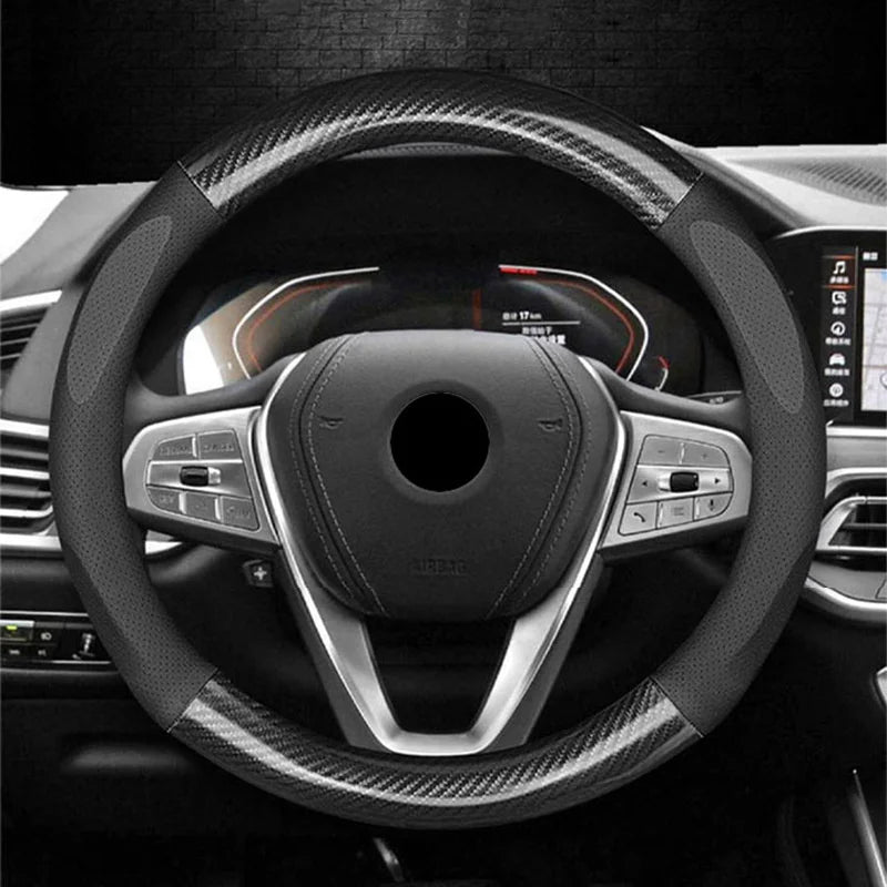 Universal Carbon Fiber Leather Steering Wheel Cover — 3D Anti-Slip, Stylish Car Accessory