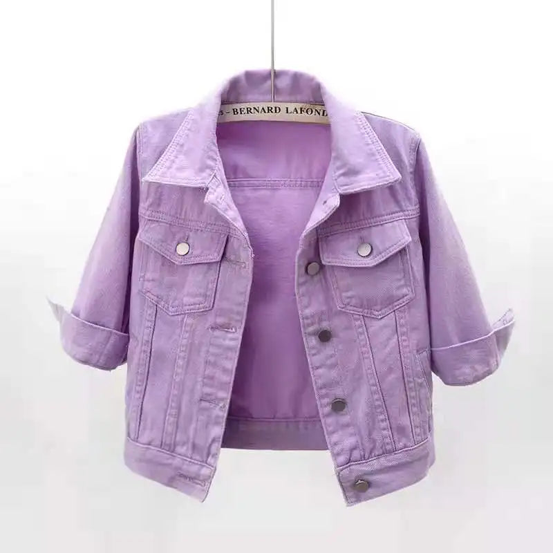 Women’s Denim Jacket – Spring & Autumn Short Coat, Casual Pink Jean Jackets, Loose Purple, Yellow & Blue Outerwear Tops