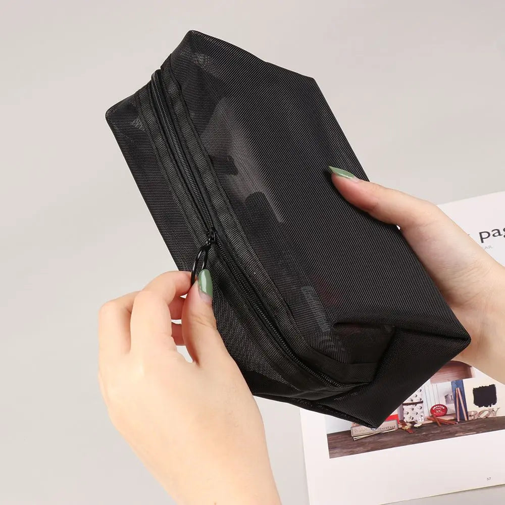 Travel Black Mesh Cosmetic Bag — Zipper Makeup & Toiletry Organizer for Women, Portable Storage Pouch