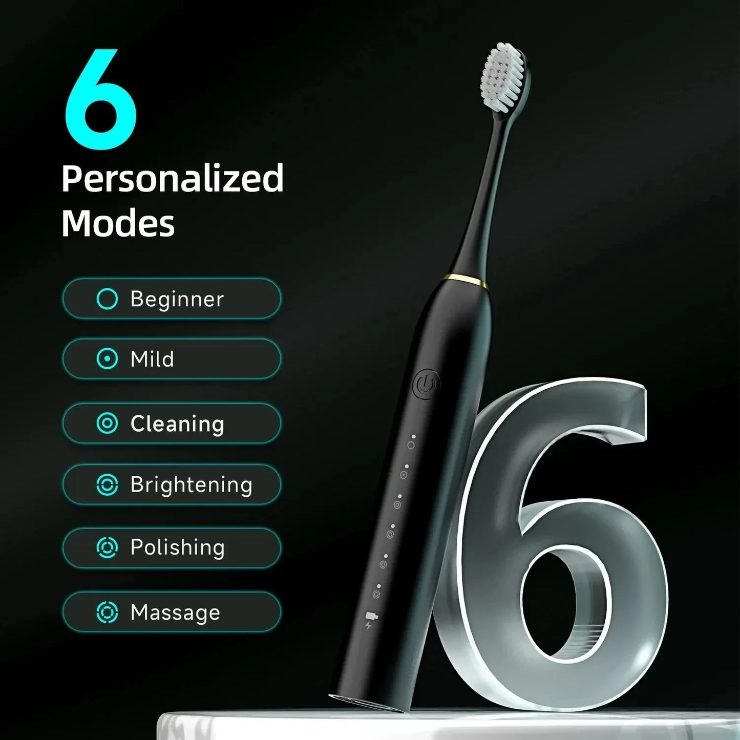 X-3 Sonic Electric Toothbrush – USB Rechargeable with 6 Clean Modes, Washable Teeth Whitening and Cleaning Brush