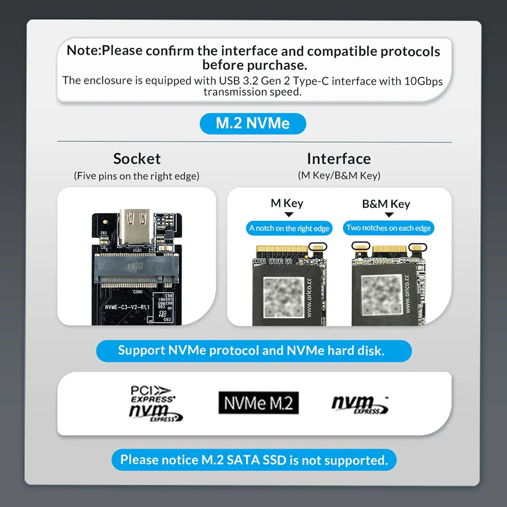 M2 NVMe SSD Enclosure – 10Gbps PCIe SSD Case, Portable USB-C 3.2 Gen2 Adapter with Heat Sink Pad, Tool-Free External Box for M.2 SSD