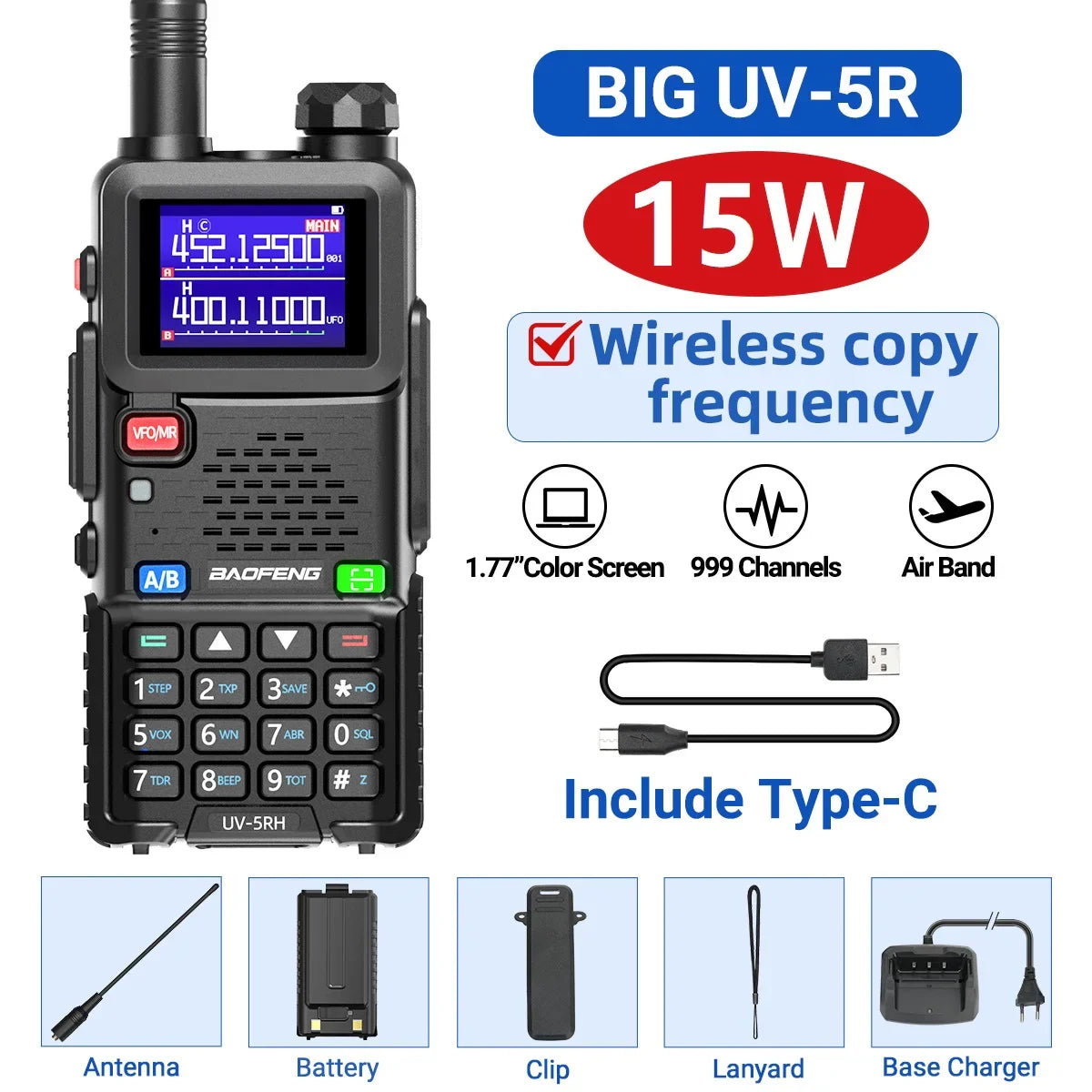 Baofeng UV-5RH 10W Air Band Walkie Talkie, Long Range Wireless Two-Way Ham Radio, Type-C UV-5R Transceiver