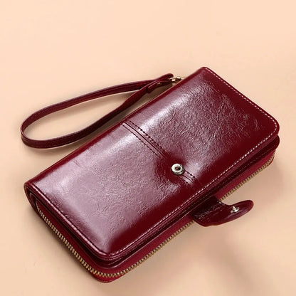 Women’s Vintage PU Leather Clutch Wallet — Large Capacity Phone Purse with Wristband, Simple Card Holder Pouch Bag