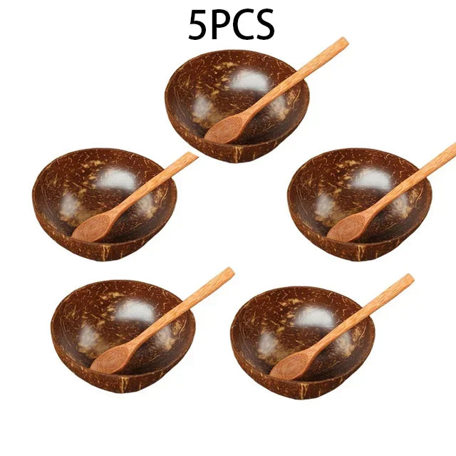 Natural Coconut Bowl with Wooden Spoon – 12–15cm Handmade Tableware for Salad, Dessert, Rice & Ramen