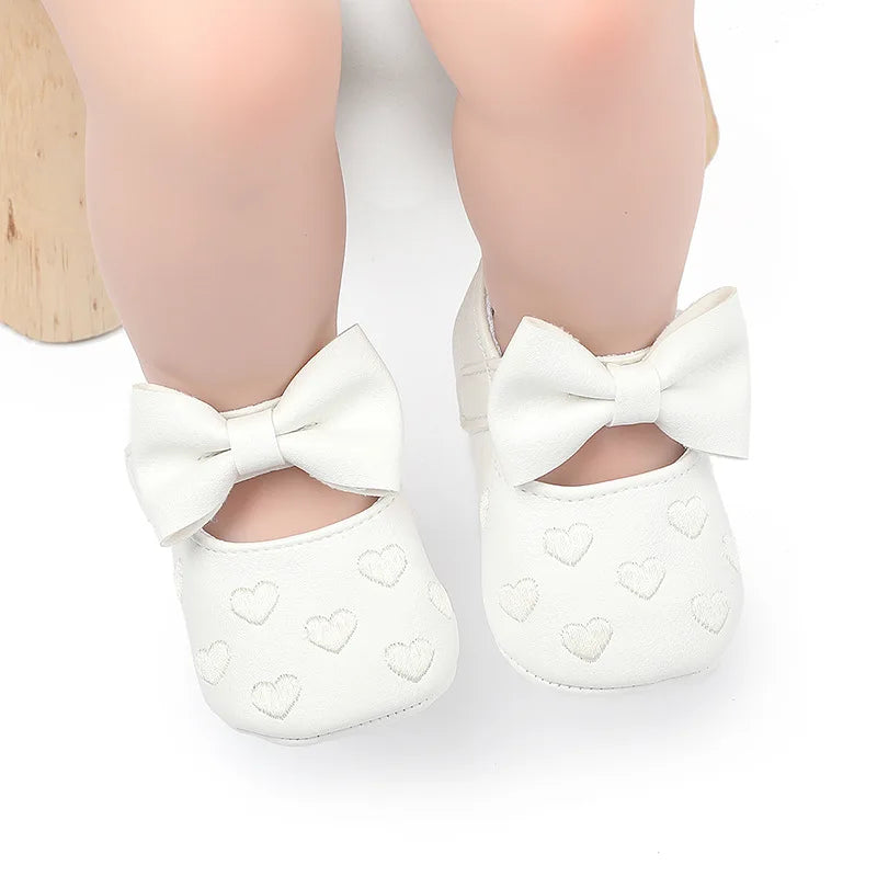 Baby Girls Bow-Knot Heart First Walker Shoes - Soft Anti-Slip Sole Dress Shoes for Infants 0-18M