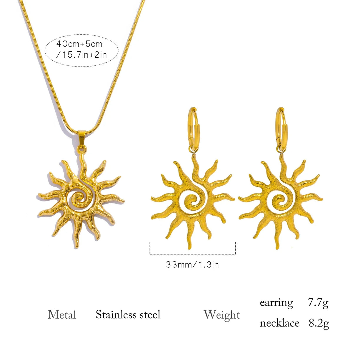 Spiral Sun Pendant Necklace for Women – 18K Gold Plated Hypoallergenic Stainless Steel Boho Daily Wear Jewelry Gift