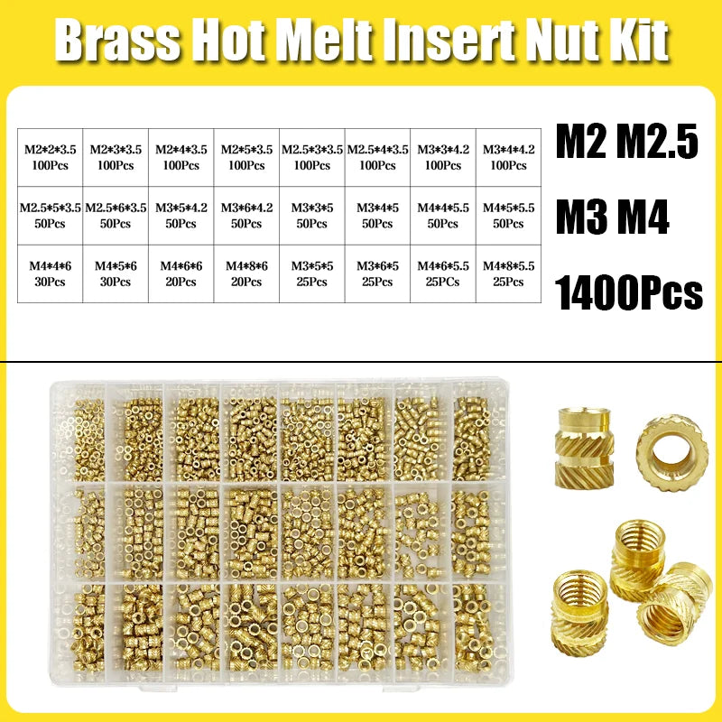 Brass Threaded Insert Nut Kit M2–M8 – Heat Set Knurled Copper Nuts for 3D Printing & Plastic Injection