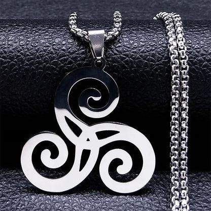 Stainless Steel Witchcraft Vortex Necklace – Viking Triskelion Celtic Knot Spiral, Silver Jewelry N7062S02