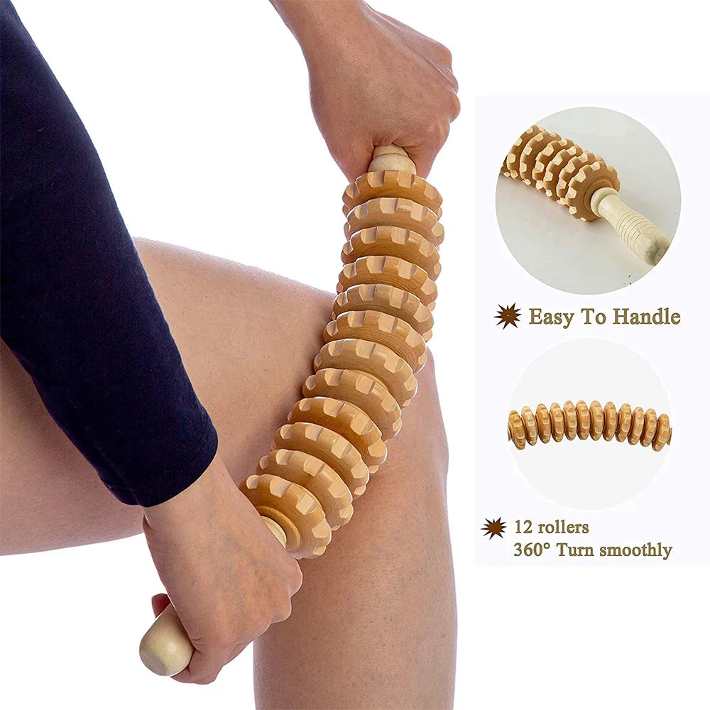 Wooden Bendable Massage Roller - Lymphatic Drainage and Cellulite Trigger Point Therapy Tool for Manual Muscle Release