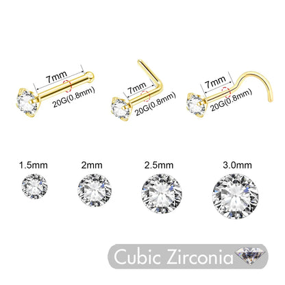 5PCS Stainless Steel Nose Ring Studs — Crystal Nostril Piercing Jewelry for Women & Girls, 1.5/2.0/2.5/3.0mm, 20G