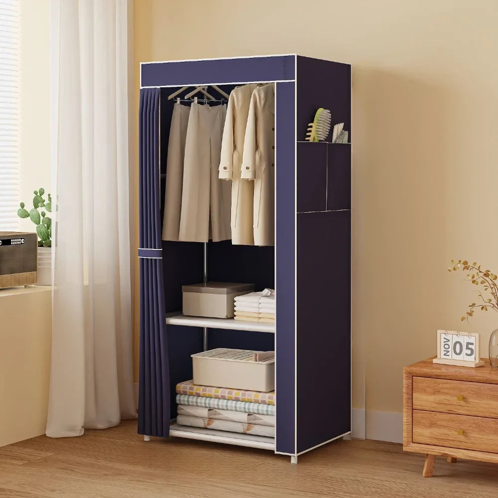 Minimalist Fabric Wardrobe - Foldable Plastic Storage Cabinet with Curtains and Clothing Hanger, Dust-Proof Design
