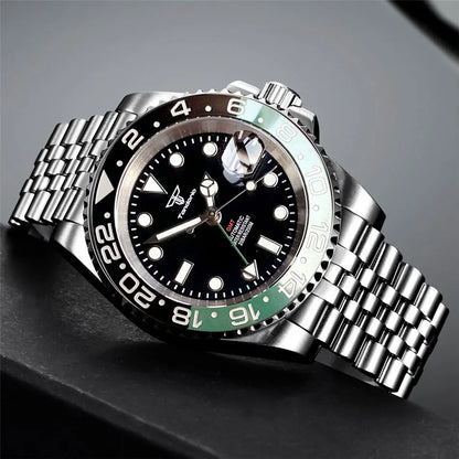 Tandorio 40mm Men’s Automatic Watch – NH34A Movement, GMT Function, Luminous Black Dial, Sapphire Crystal, Auto Date & Rotating Bezel