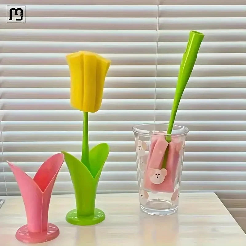 Tulip Cup Brush with Detachable Sponge Head – Long Handle Bottle & Glass Cleaning Brush Durable Kitchen Cleaning Tool