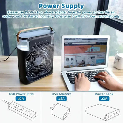 Portable USB Electric Fan with LED Night Light and Water Mist - 3-in-1 Air Humidifier for Home