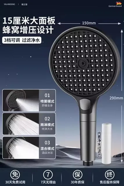 15cm Large Panel High Pressure Shower Head with Filter – 3 Modes Rainfall Spray Nozzle for Bathroom Accessories