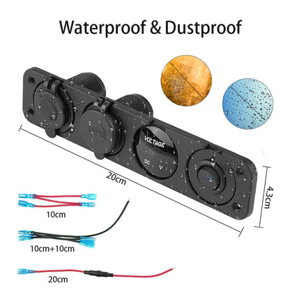 4-in-1 Marine Switch Panel | 12V Dual USB Charger, Power Outlet, LED Voltmeter & Cigarette Lighter Socket
