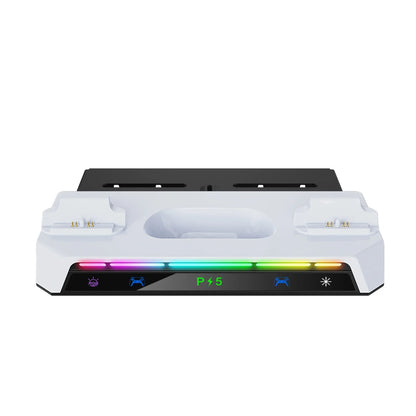 PS5/PS5 Pro/Slim Wall Mount Kit – RGB Light Stand with Charging Station & Headset Hanger for Dual Controllers