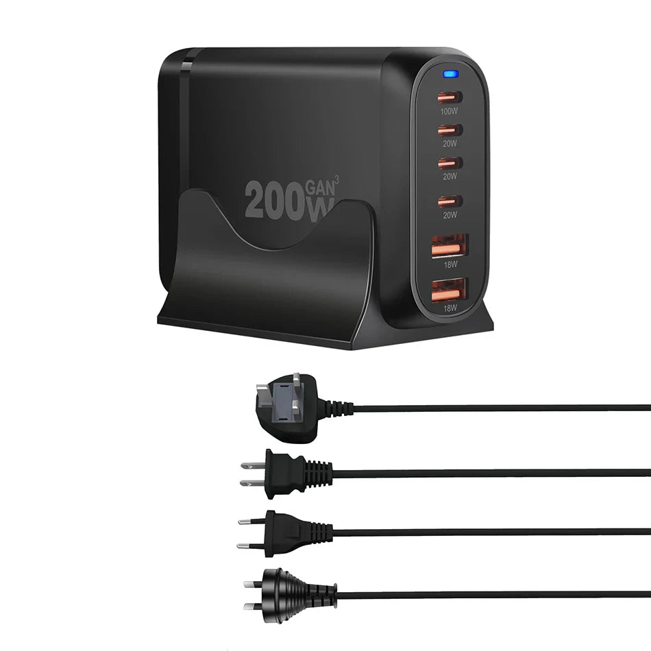 UHOMEBUY 200W GaN Desktop Charger - 6-Port USB Type C with 100W PD & Quick Charge 3.0 Fast Mobile Charger