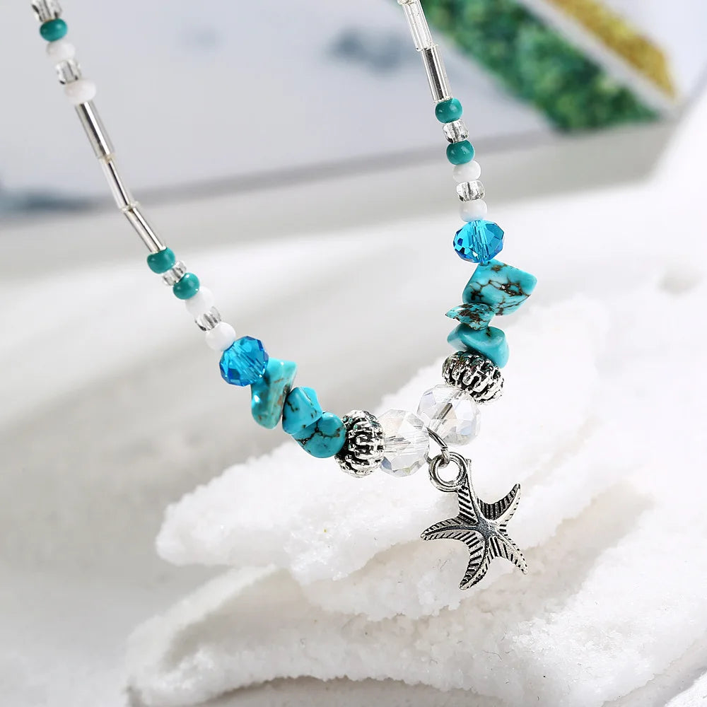 Beach Bead Anklet for Women – Retro Fashion Beaded Stone Pendant Ankle Chain Summer Beach Jewelry Boho Style Anklet for Girls
