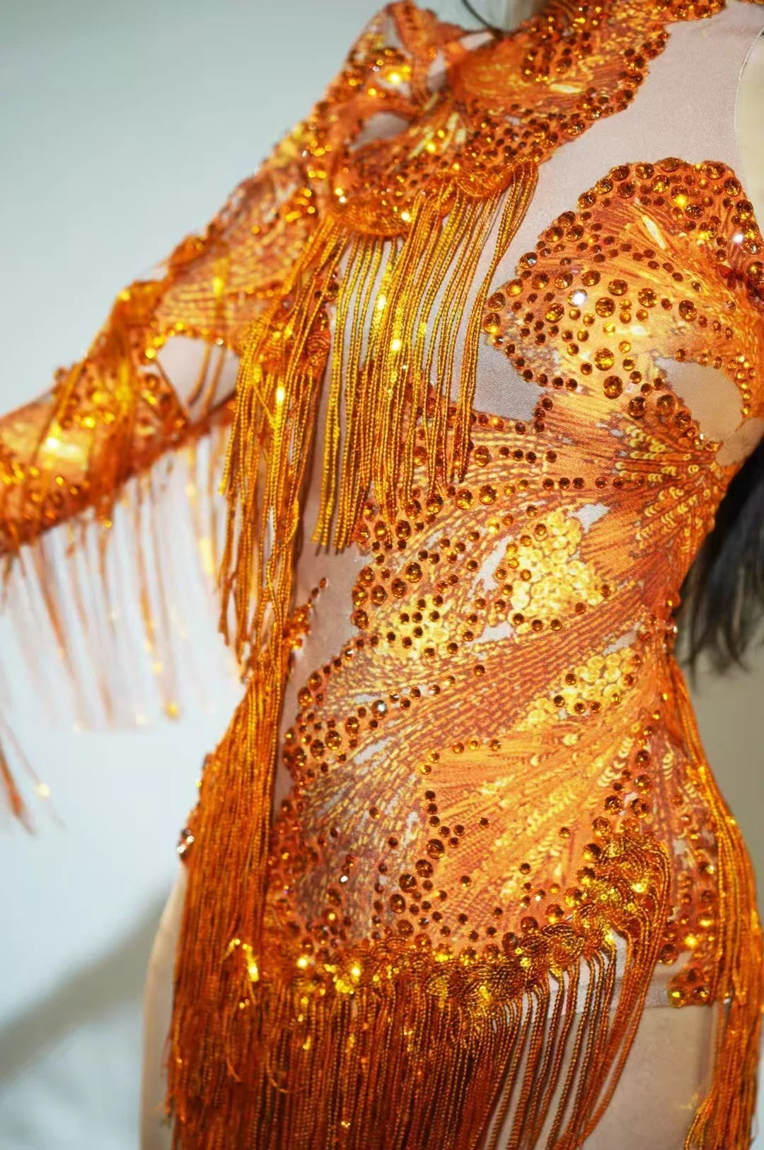 Sexy Blue Rhinestone Skinny Leotard – One-Shoulder Fringe Dance Costume for Singers & Dancers