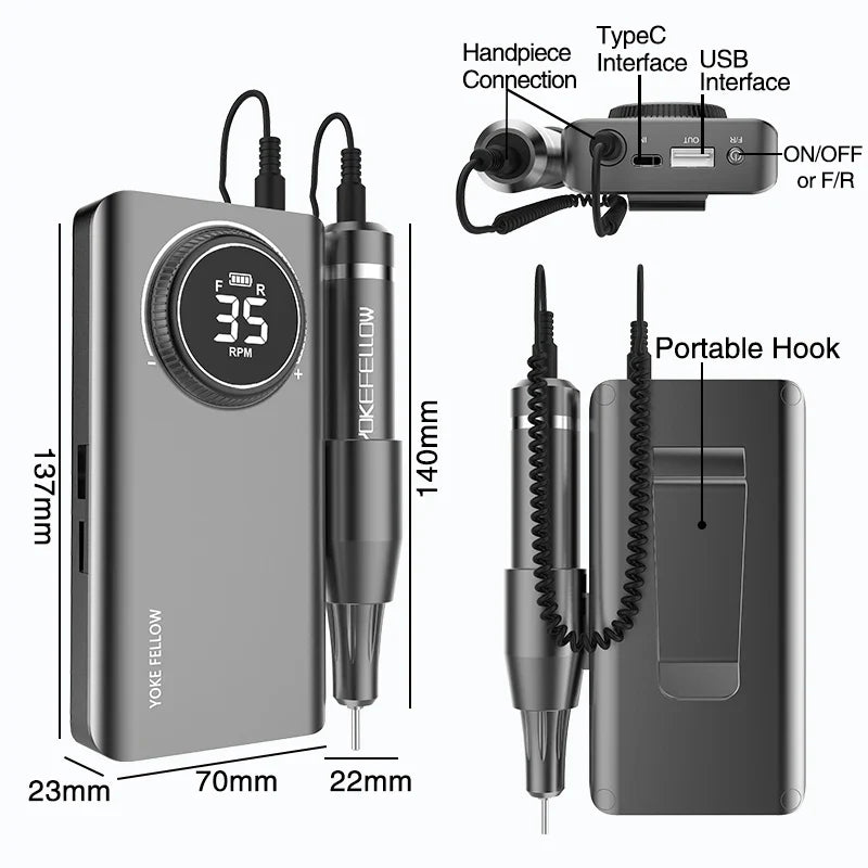 YOKEFELLOW Professional Nail Drill Kit – 35000RPM Rechargeable Electric Nail File for Manicure, Acrylic & Gel Nails
