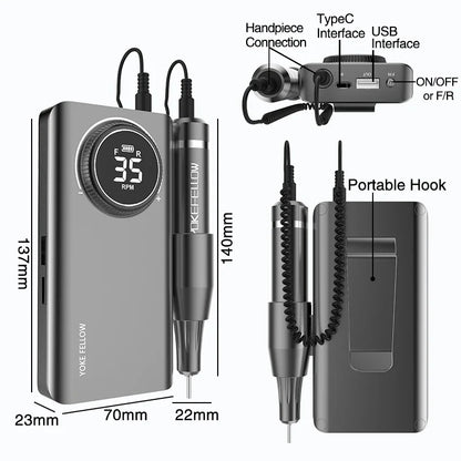 YOKEFELLOW Professional Nail Drill Kit – 35000RPM Rechargeable Electric Nail File for Manicure, Acrylic & Gel Nails