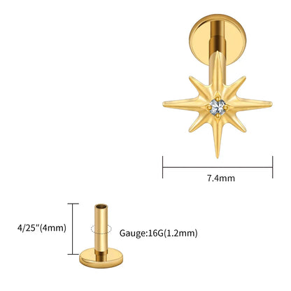 Right Grand ASTM F136 Titanium CZ North Star 16G Flat Back Earring – Tiny Starburst Helix, Cartilage & Earlobe Stud Piercing Jewelry