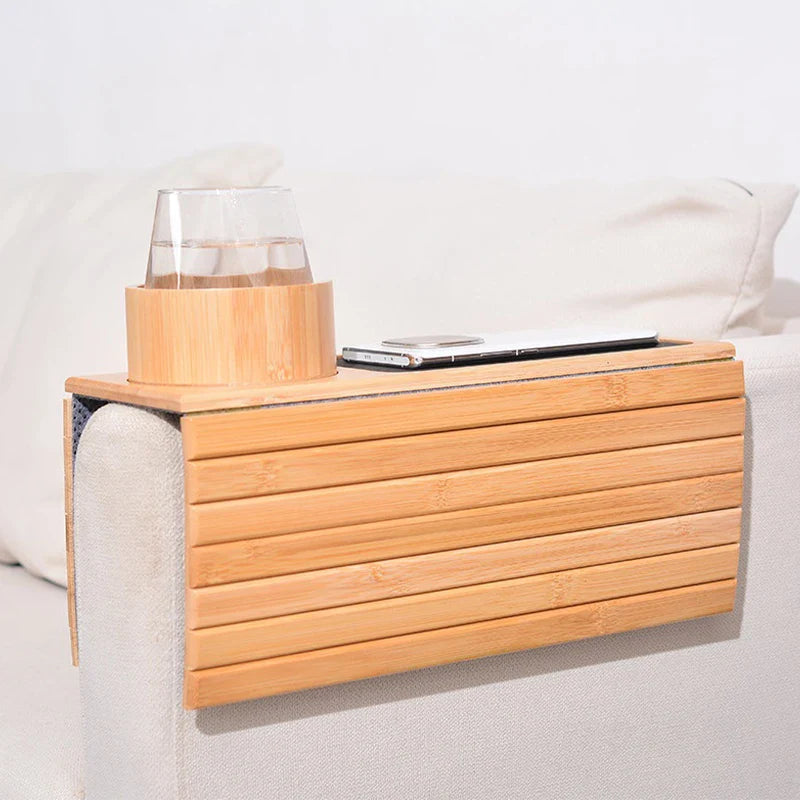 Bamboo Couch Cup Holder – Anti-Slip Foldable Sofa Armrest Tray for Cups, Snacks & Remote Control   1/2