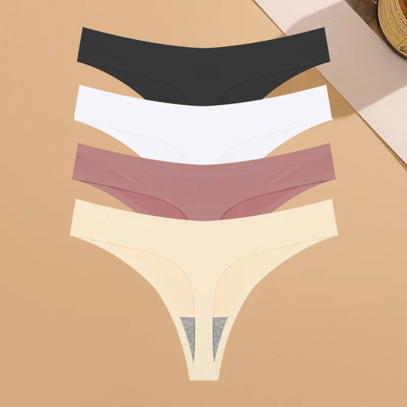 4PCS Women’s Ultra-Thin Seamless Underwear — Invisible Ice Silk Thongs, Low Waist Breathable Bikini Lingerie