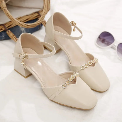 Women’s Elegant White Pearl Buckle Pumps — Square Heel Office & Leisure Shoes