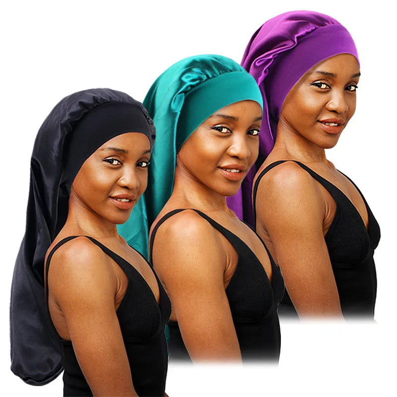 Long Satin Sleep Bonnet for Women — Silky Hair Care Cap with Wide Elastic Band for Braids, Curly & Natural Hair