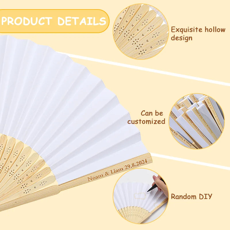 50-100 Personalized Engraved Folding Silk Hand Fans with Gift Bag - Custom Wedding Fans, Elegant Decorations