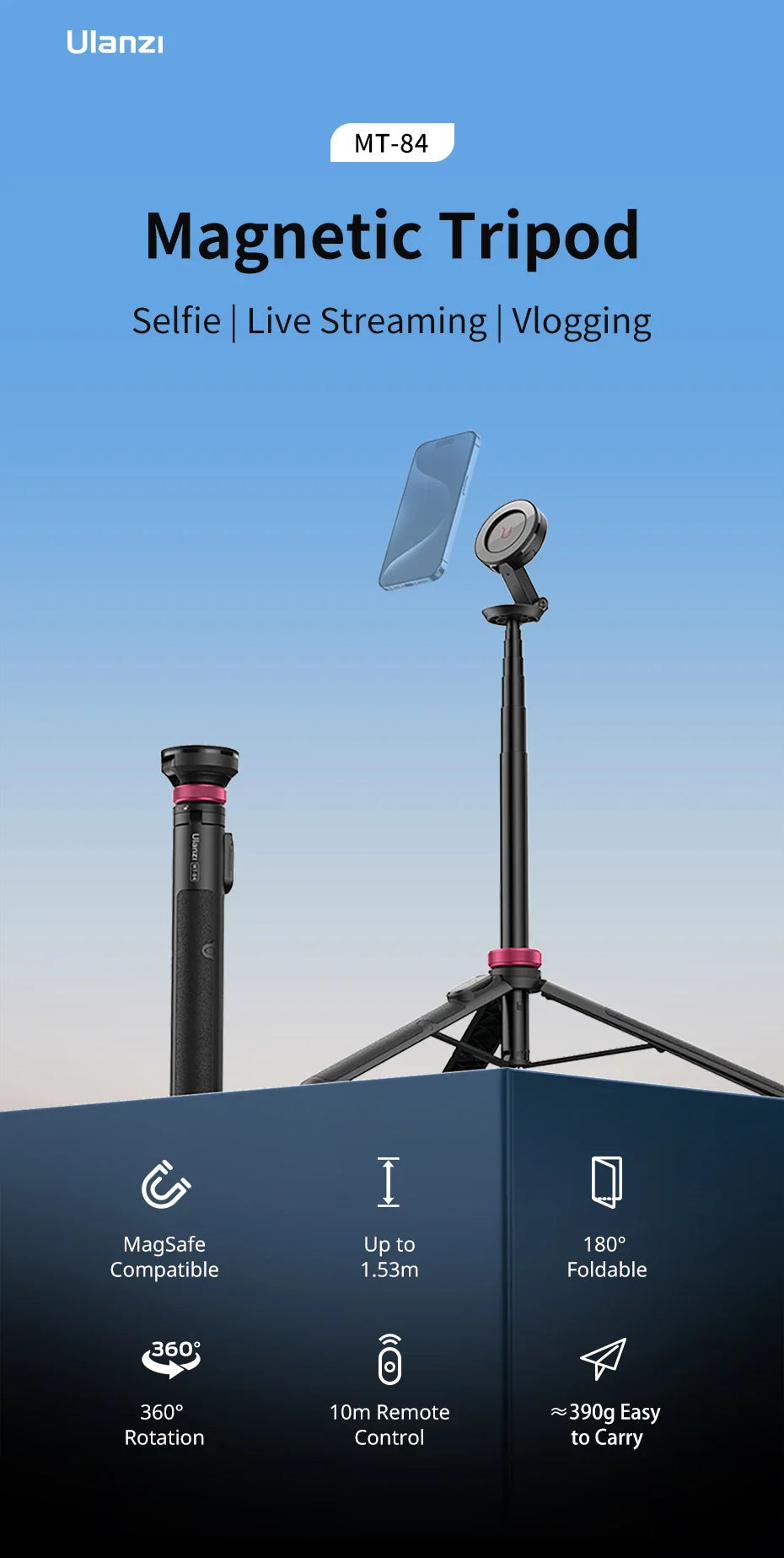 Ulanzi MT-84 Selfie Stick Magnetic Tripod - 1.53M, Wireless Bluetooth Remote, Phone Extension for Live Streaming & Vlogs