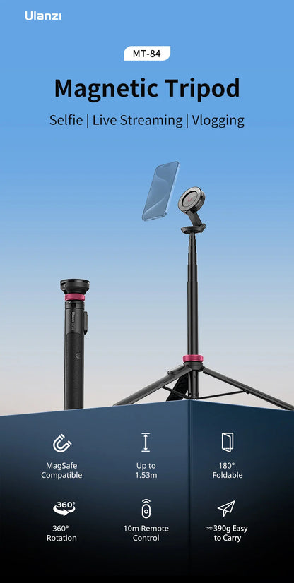 Ulanzi MT-84 Selfie Stick Magnetic Tripod - 1.53M, Wireless Bluetooth Remote, Phone Extension for Live Streaming & Vlogs