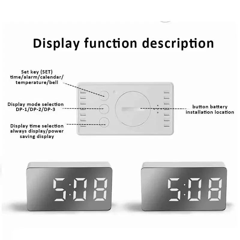 White LED Mirror Alarm Clock – USB Desktop Clock with Time Display, Snooze & Night Light for Home Decor