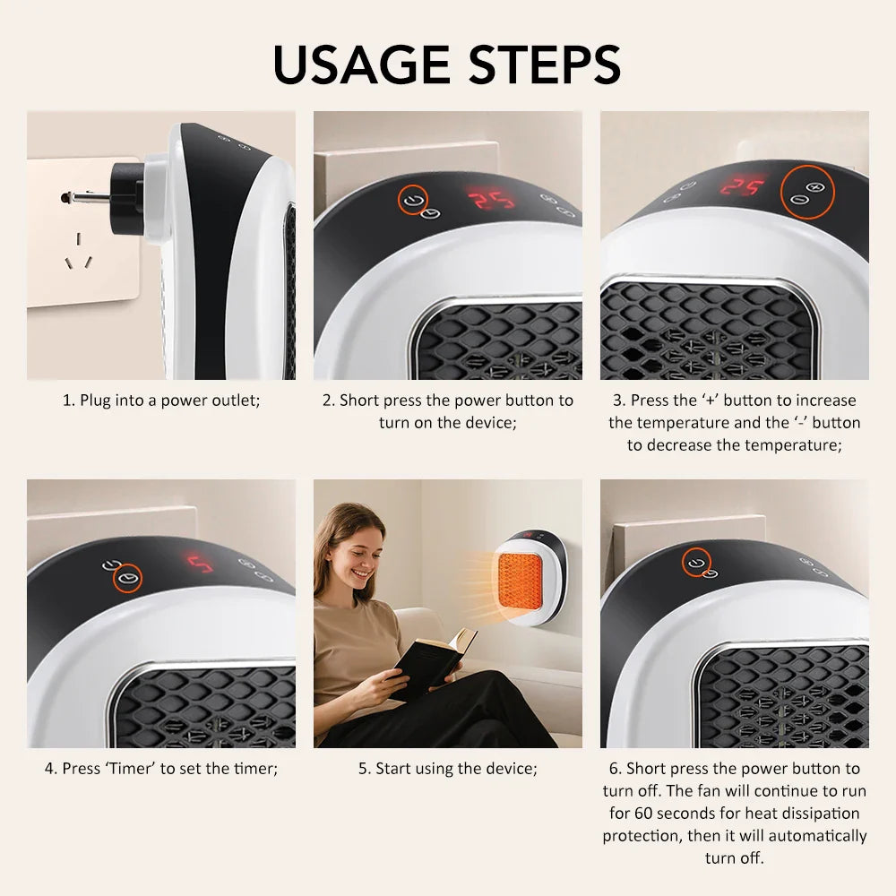 Portable PTC Electric Heater – EU/US Wall-Plug, Adjustable Temperature, Low-Noise Home & Bathroom Warmer