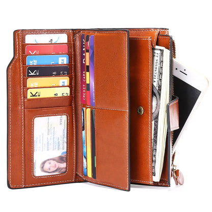 2024 New RFID Long Women’s Wallet — Genuine Leather Clutch with Zipper Coin Pocket, Card Holder & Printed Design