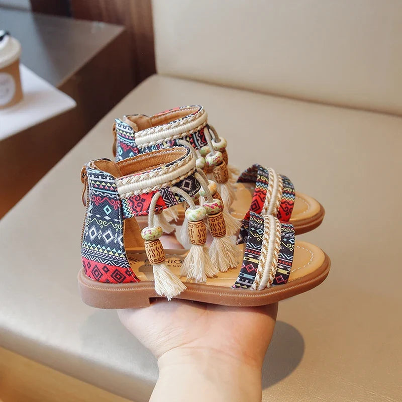 Girls Tassel Gladiator Sandals - Retro Ethnic Summer Shoes with Back Zipper for Kids