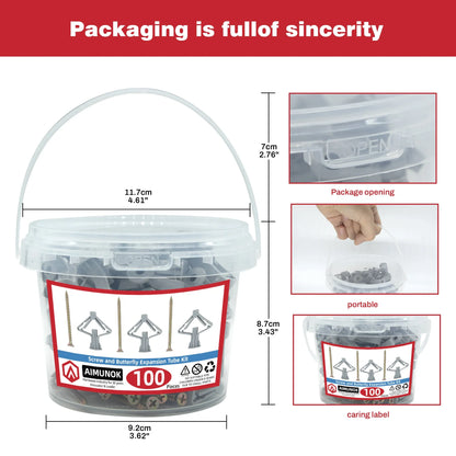 100pcs Drywall Anchor Kit — Hollow Wall Anchors, Plasterboard Plugs, Screws & Butterfly Expansion Tubes (50 Sets)