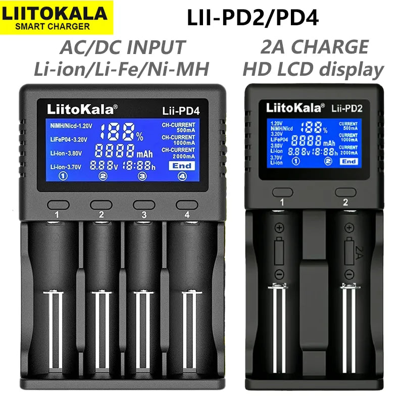 Liitokala Lii-PD2 Lii-PD4 18650 Battery Charger: LCD Multifunction Charger for 3.7V & 1.2V Batteries - Compatible with 26650, 18350, 16340, 18500, 14500, AA, AAA