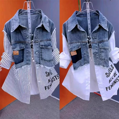 Women’s Denim Jacket – 2025 Casual Fashion, Fake Two Denim Shirts with Striped Stitching, Spring & Autumn Coat