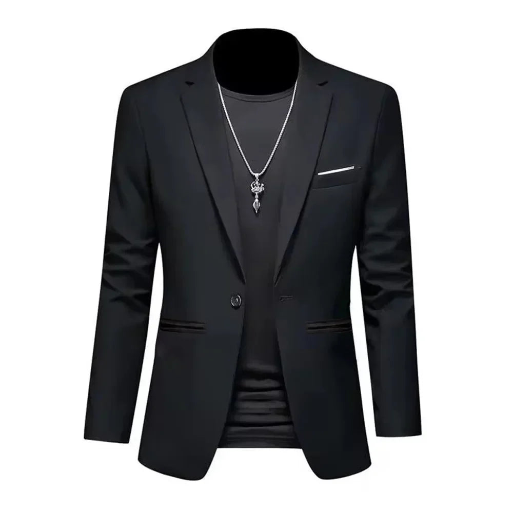 Men’s Casual Business Slim Fit Suit Jacket — Trendy Autumn Single-Button Formal Blouse, Non-Iron Solid Color