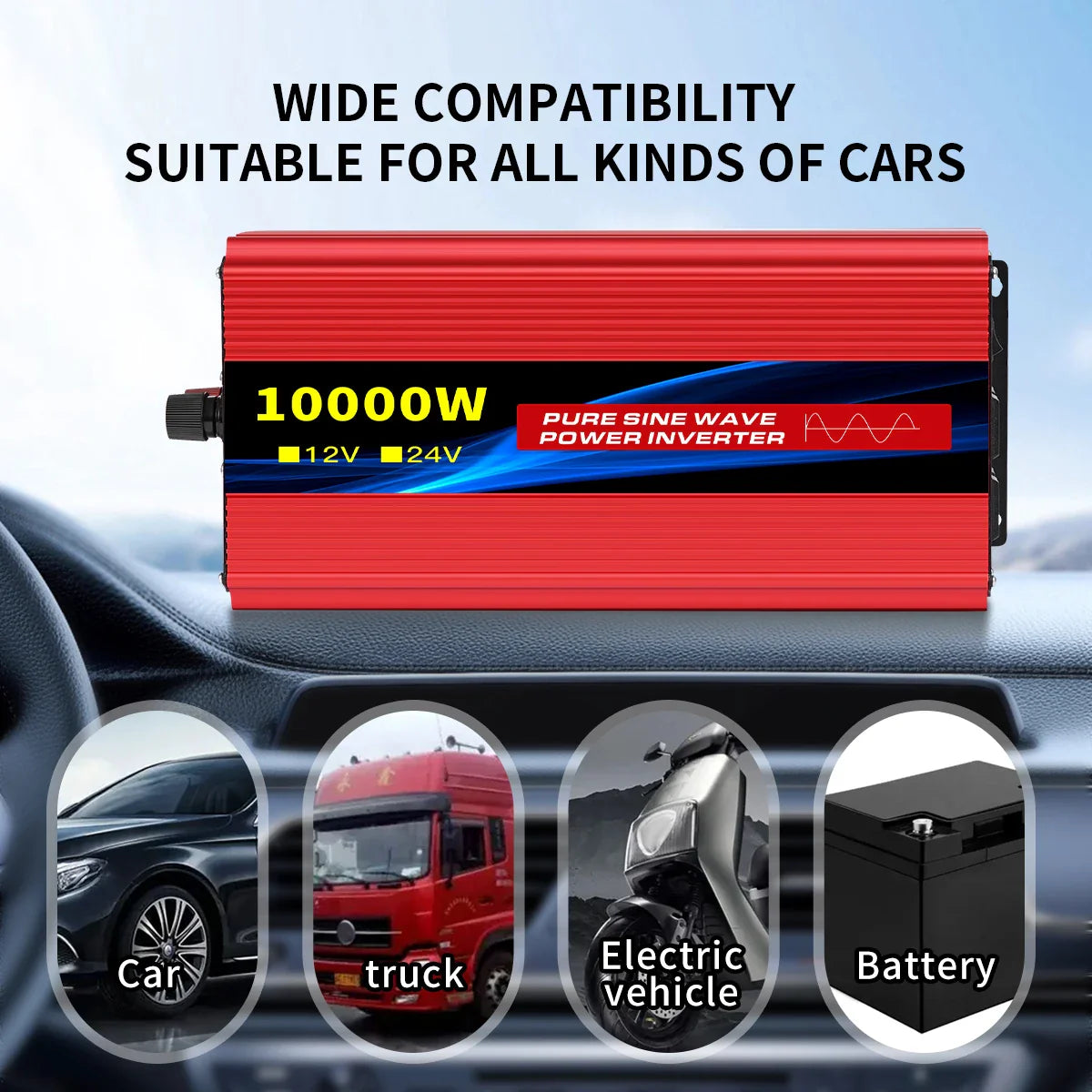 Pure Sine Wave Inverter 5000–10000W – 12V DC to 110V AC Portable Solar & Car Power Converter
