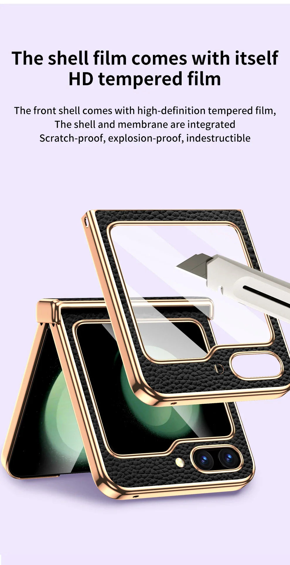 Cowhide Leather Samsung Galaxy Z Flip Case — Luxury Hinge Protection Cover with Tempered Glass for Flip 5/6/7