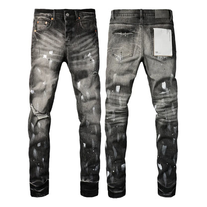 2025 Men’s High Street Ripped Skinny Jeans — Low Rise Blue Distressed Denim Fashion Repair Trousers 9003