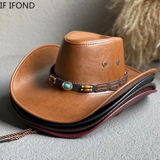 Faux Leather Western Cowboy Hat — Vintage Panama Sombrero Jazz Cap for Men & Women