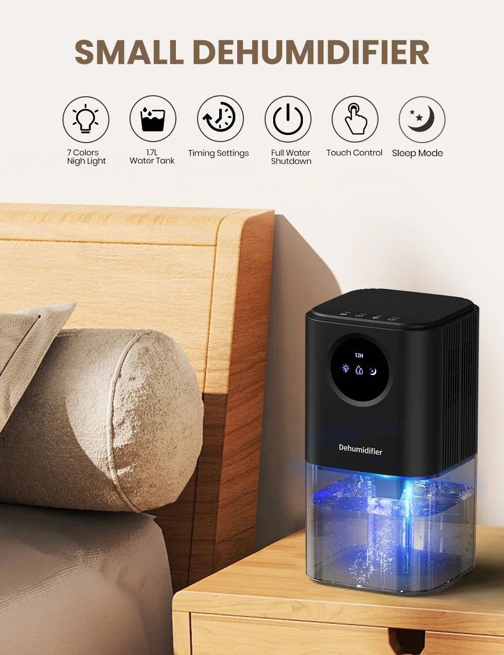 Portable Dehumidifier – 35oz Capacity, Silent Operation, Colorful Lights & Timer Switch for Home & Bedroom