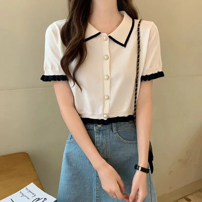 Women’s Summer Knitted Blouse — Chic Retro Slim Short Sleeve Crop Top, All-Match Style