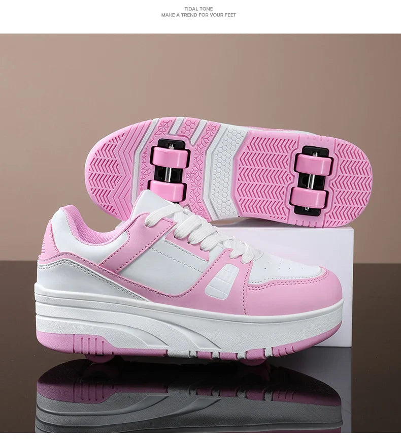 Four-Wheel Roller Shoes for Boys & Girls – Casual Outdoor Sports Sneakers with Pulleys, Slide & Shrink School Walking Shoes