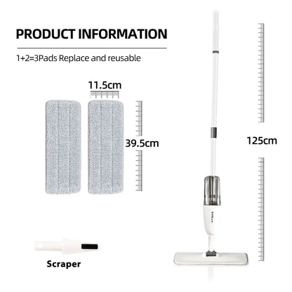 DARIS 360° Spray Flat Mop — Reusable Microfiber Pads with 500ML Large Capacity Square Triangle Bottle